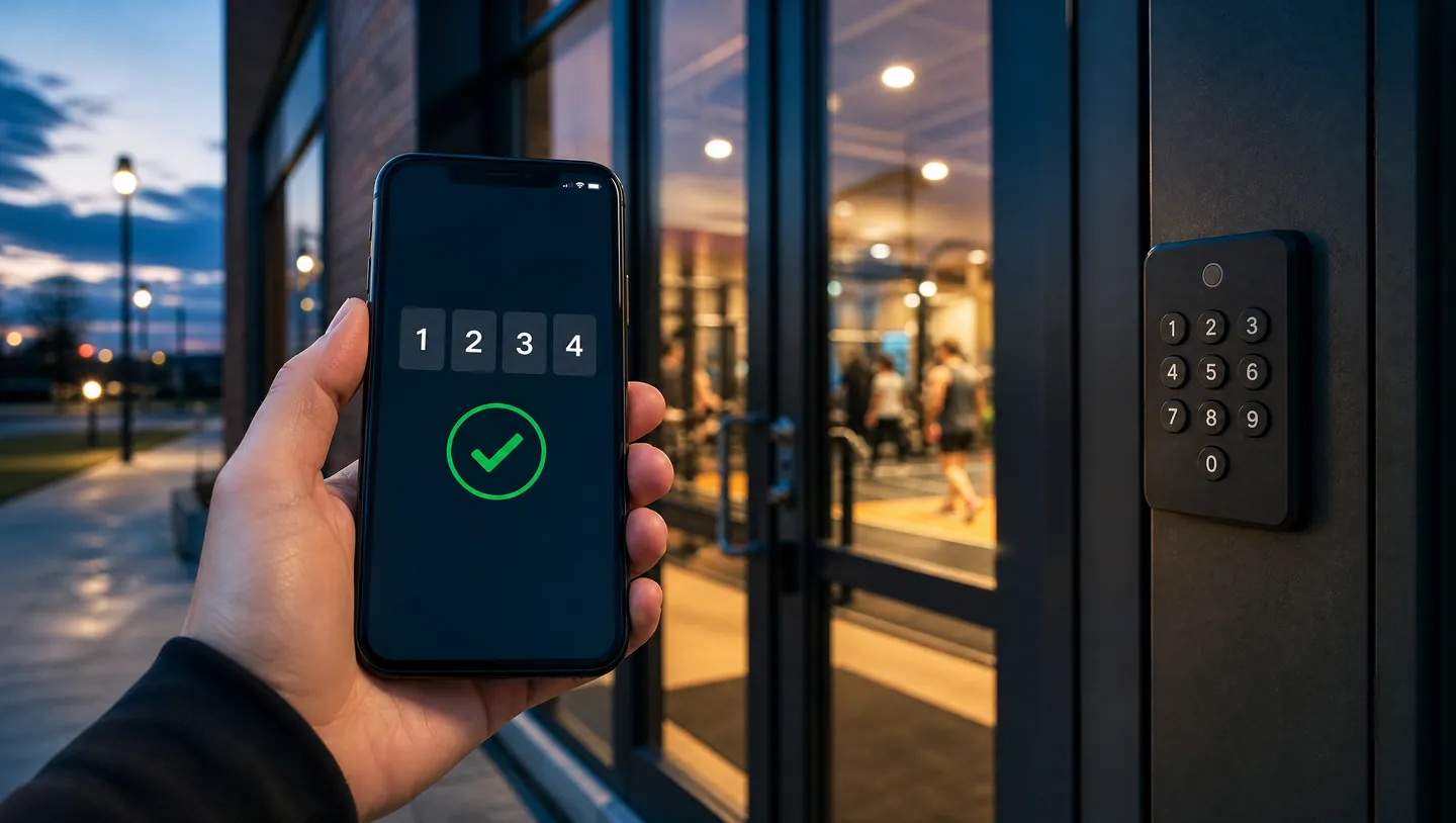 Door code received on a phone in front of the centre entrance
