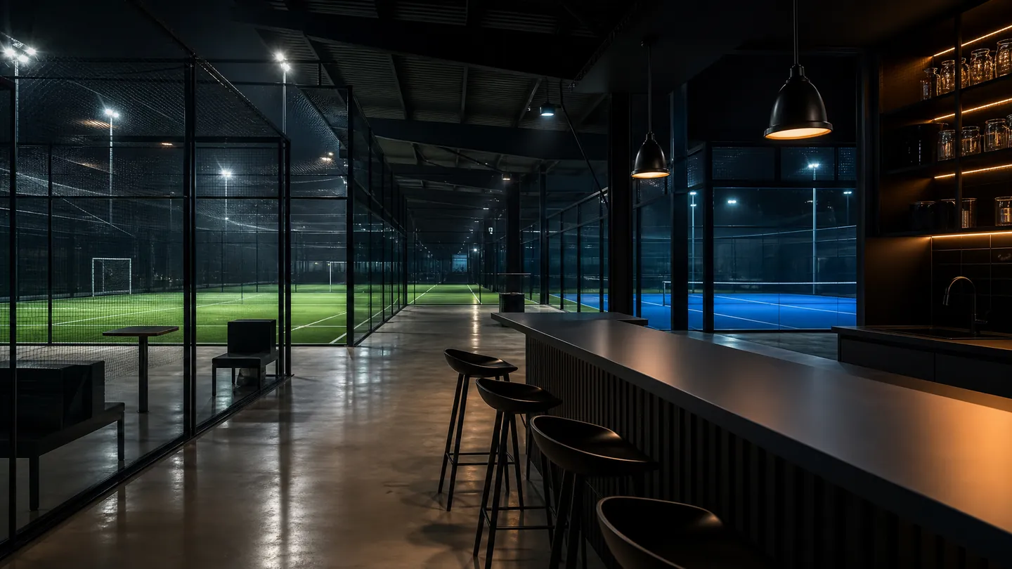 Indoor football and padel centre in the evening, empty desk, pitches lit