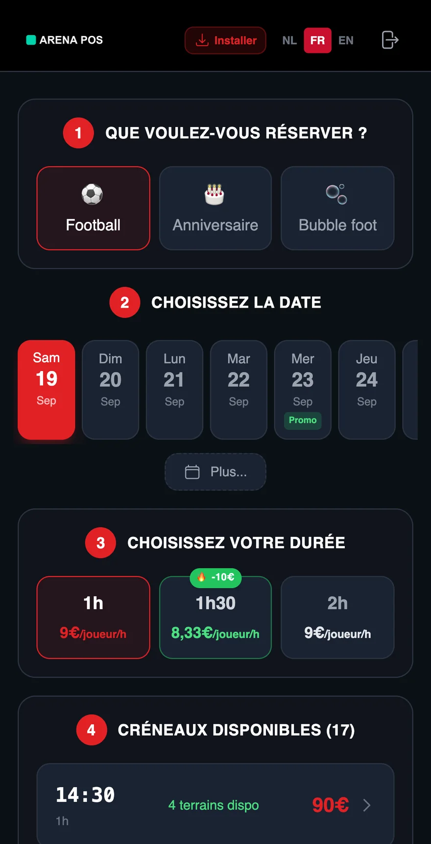 Booking screen of the software on a phone, white-label
