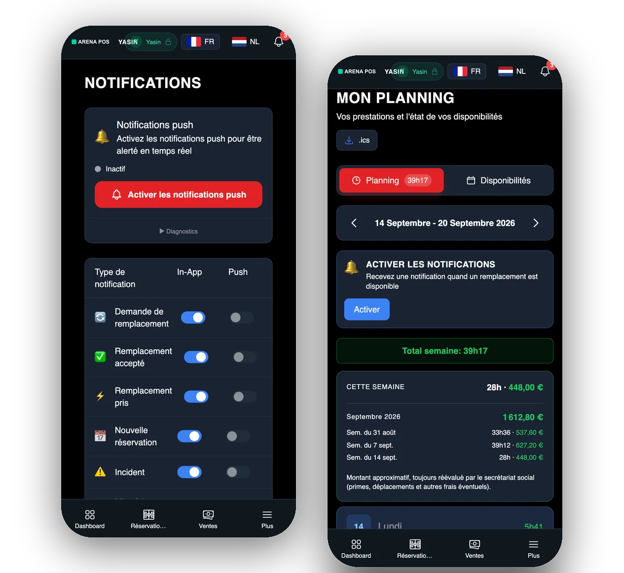 Manager notifications and a team member roster on a phone